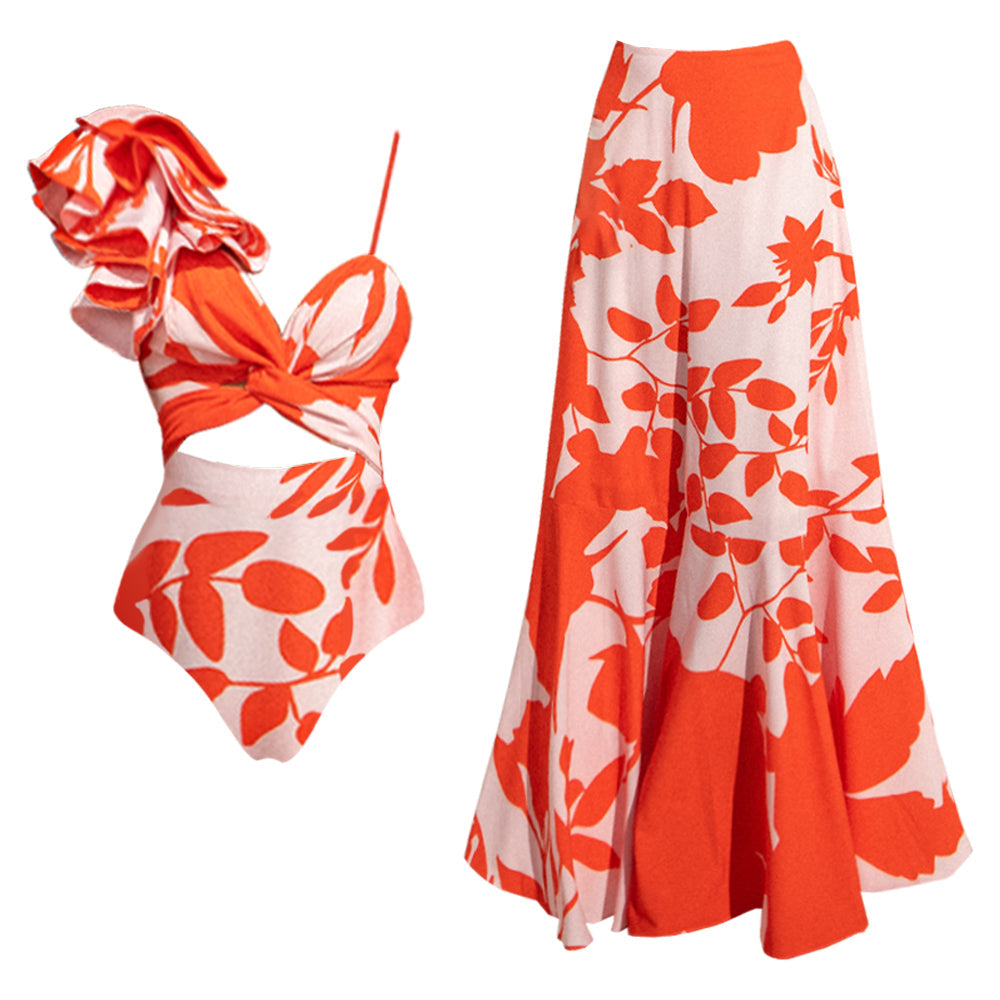 Printed one-sleeve ruffled swimsuit with skirt