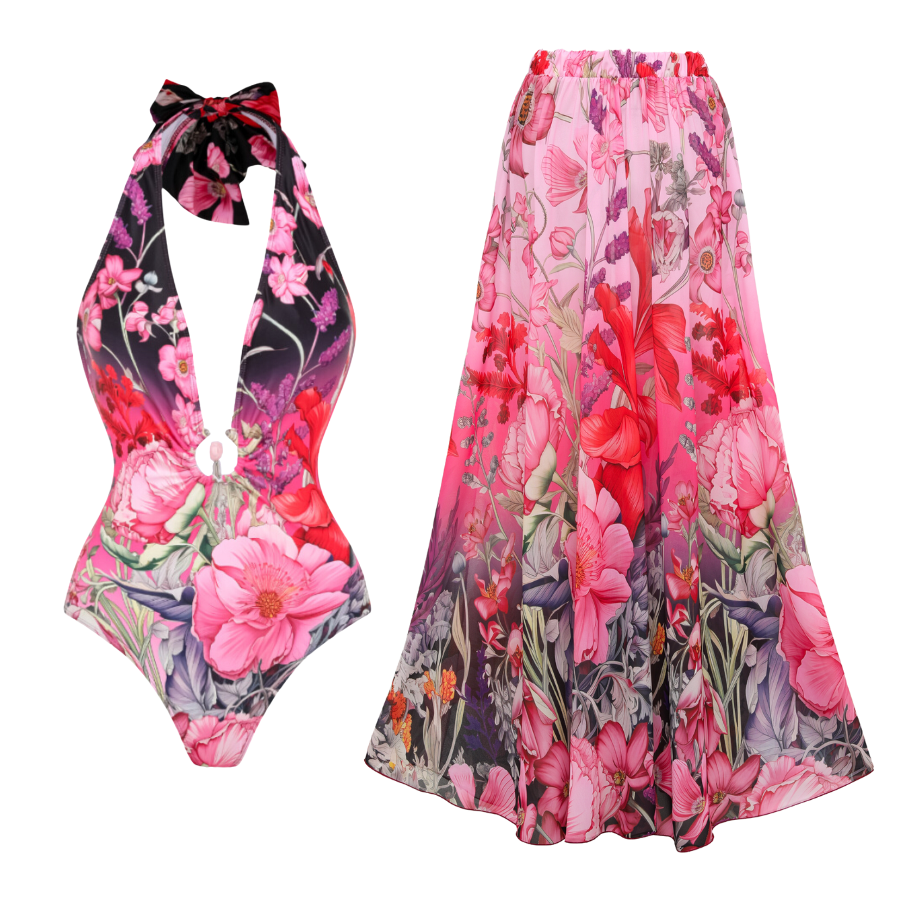 Traje de baño de una pieza con escote en V profundo y pareo estampado