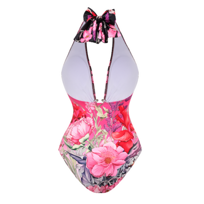 Traje de baño de una pieza con escote en V profundo y pareo estampado