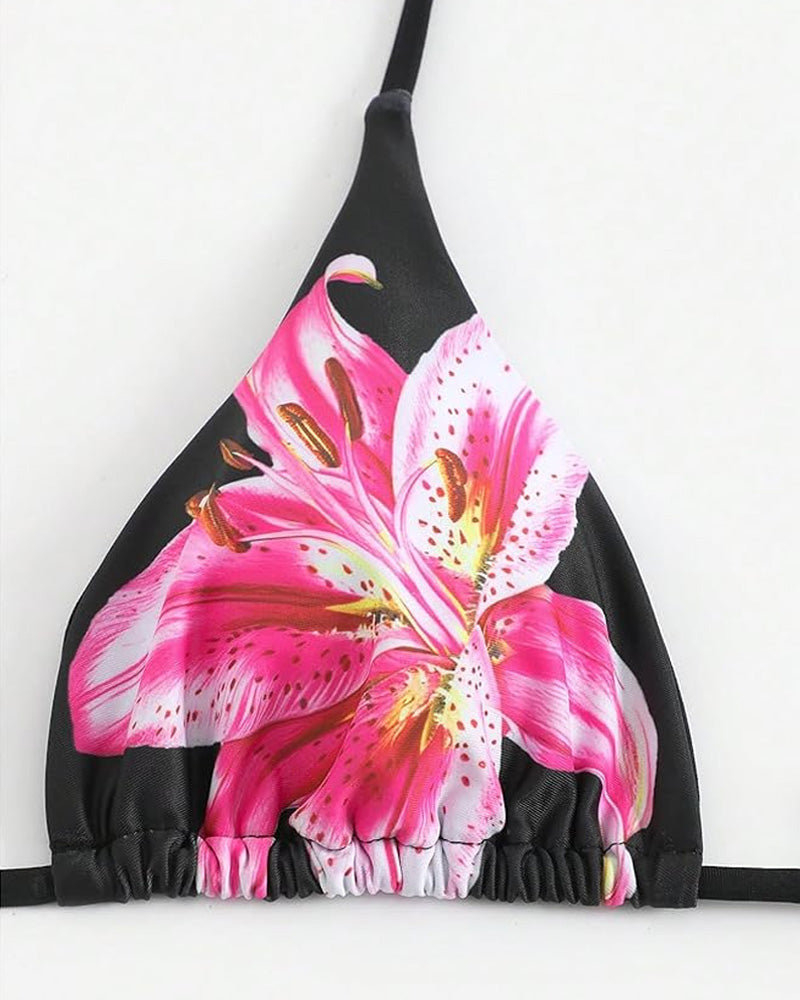 Conjuntos de bikini para mujer con estampado floral, traje de baño con halter y lazo en la espalda, con falda de cobertura