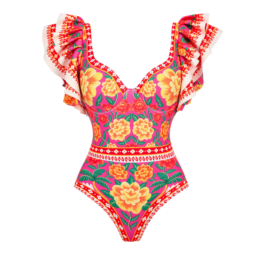 One-piece swimsuit with contrast print and ruffled sarong