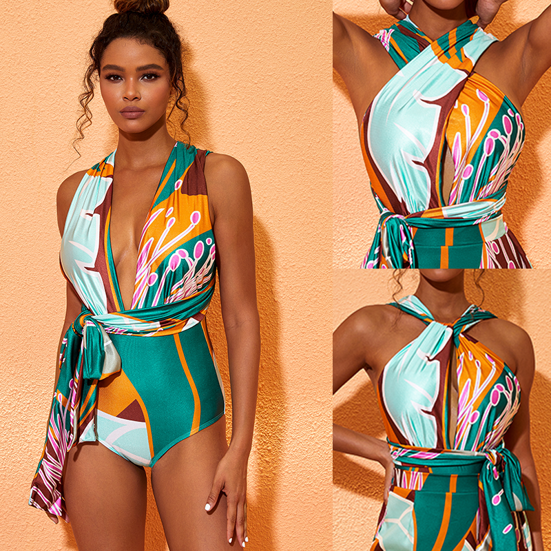One-piece swimsuit with print and skirt