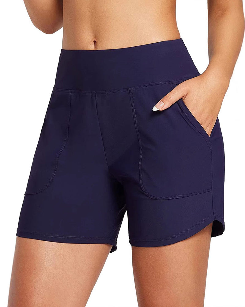 Shorts deportivos de playa para mujer con control de abdomen y cintura alta con bolsillo
