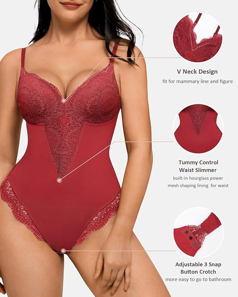 Body de control de abdomen con encaje y escote en V para mujer