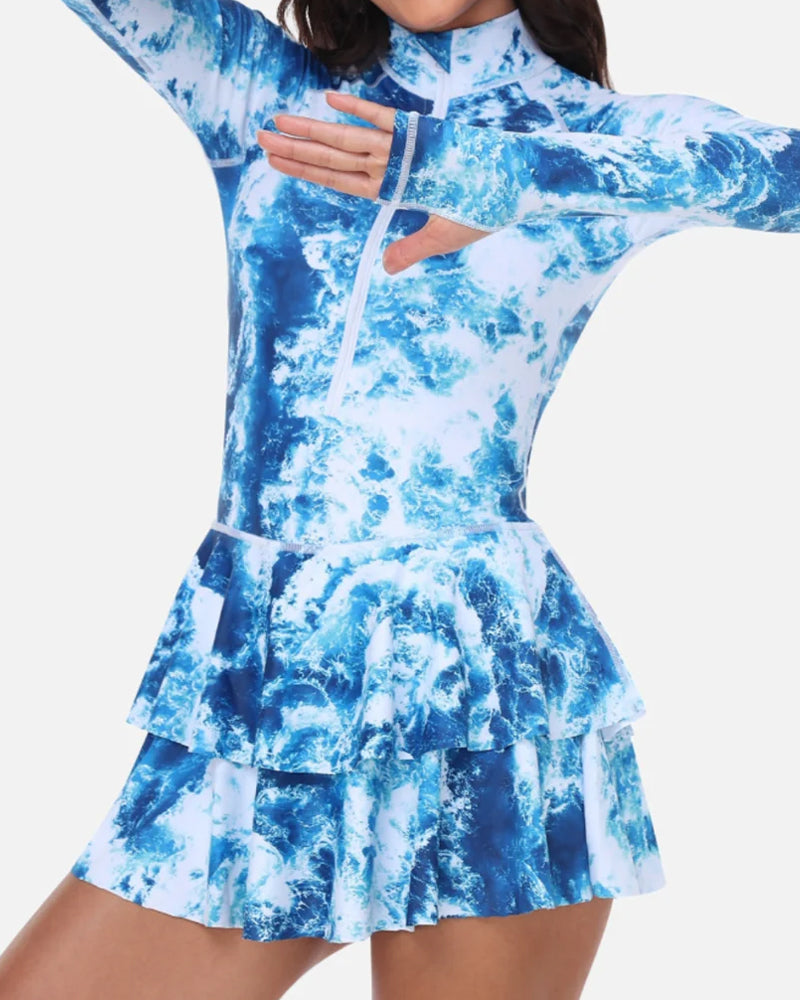 Traje de baño de una pieza con falda con volantes y manga larga, estampado de vacaciones en la playa, UPF50+