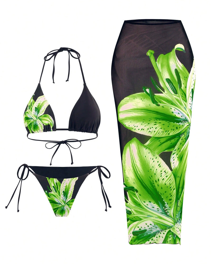 Conjuntos de bikini para mujer con estampado floral, traje de baño con halter y lazo en la espalda, con falda de cobertura