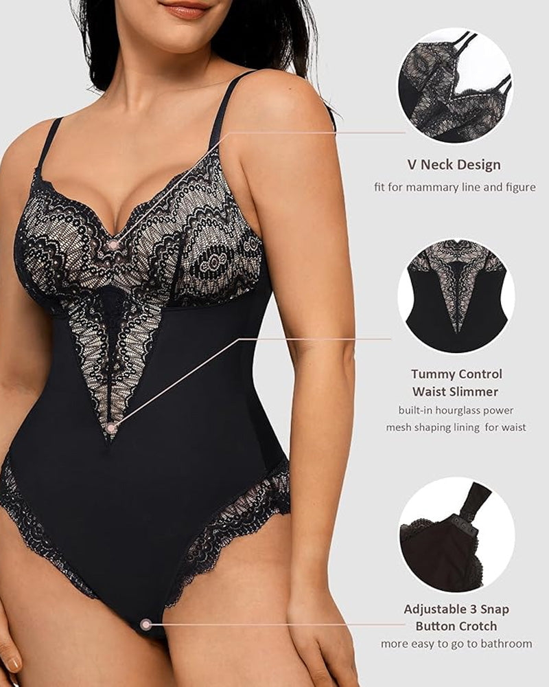Women's V-Neck Lace Tummy Control Bodysuit