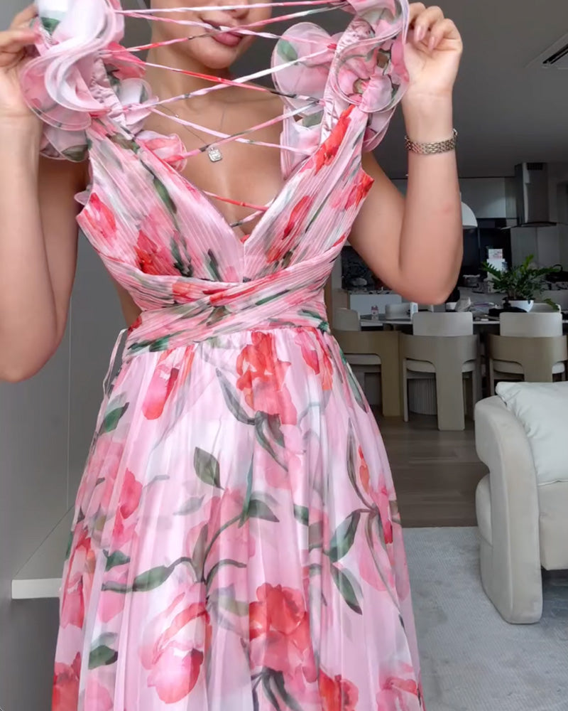 Holiday beach dress with ruffled straps at the back and V-neckline