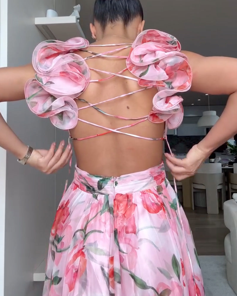 Holiday beach dress with ruffled straps at the back and V-neckline