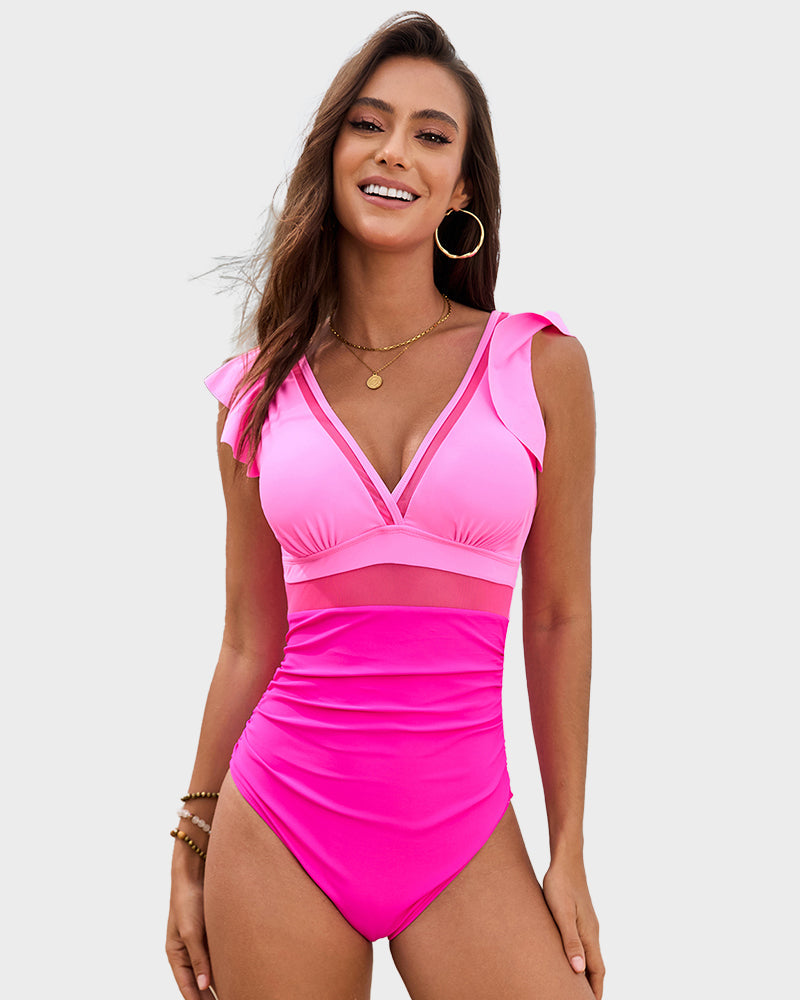 Traje de baño con panel de malla, mangas con volantes y escote en V profundo