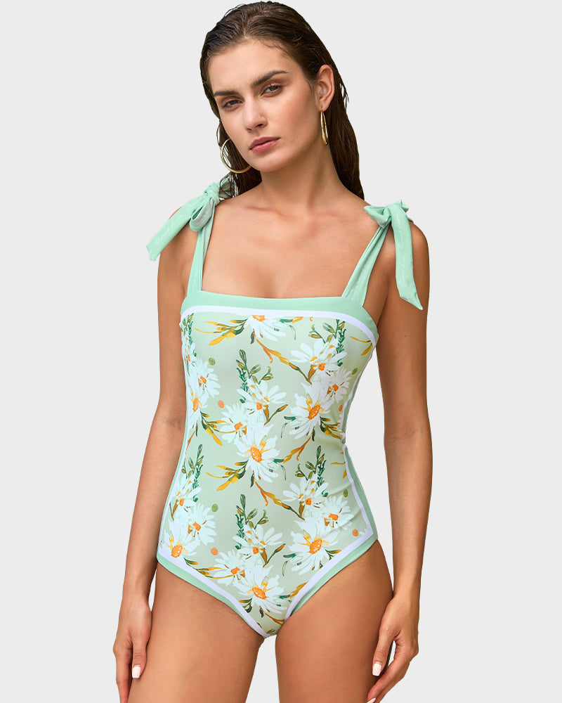 Traje de baño de una pieza floral reversible con tirantes ajustables