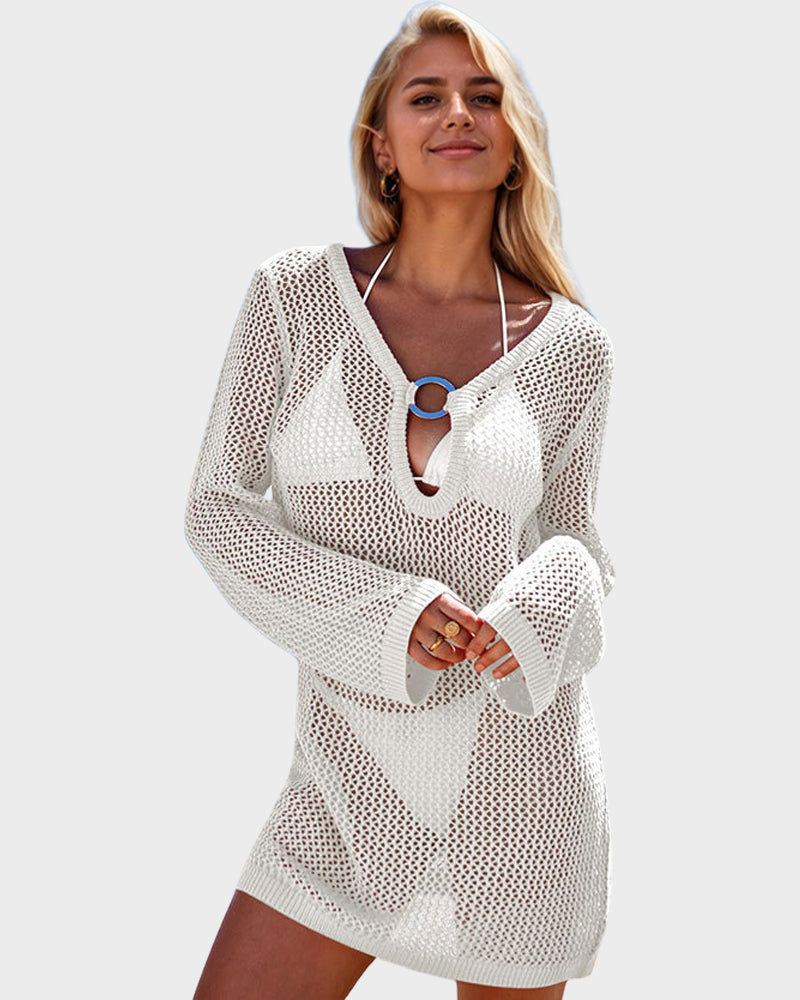Long-sleeved crochet beach cover-up dress with deep neckline