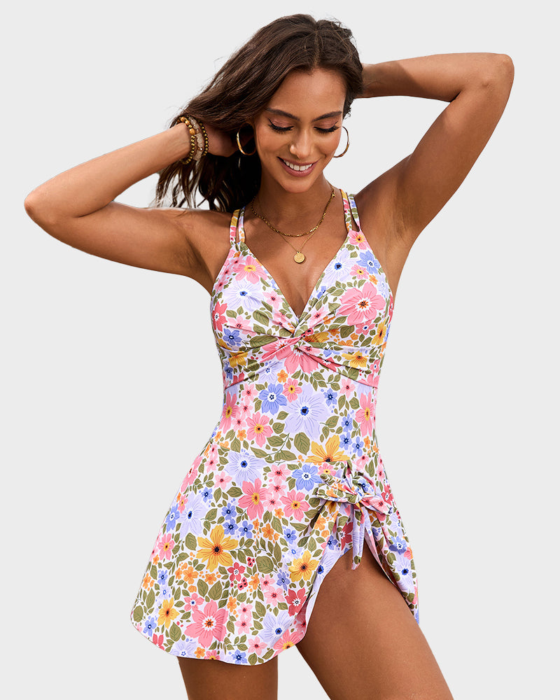One-piece swimsuit with knot and ruching