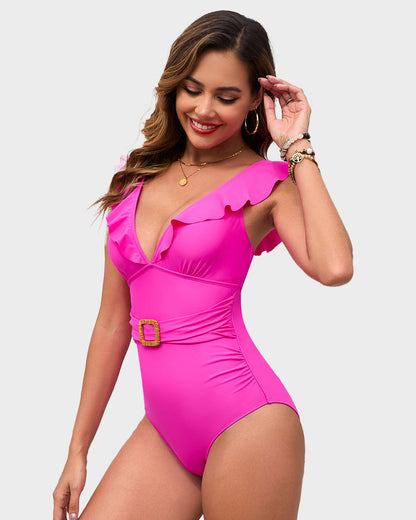 Traje de baño fruncido con cinturón y mangas acampanadas de profundo escote V