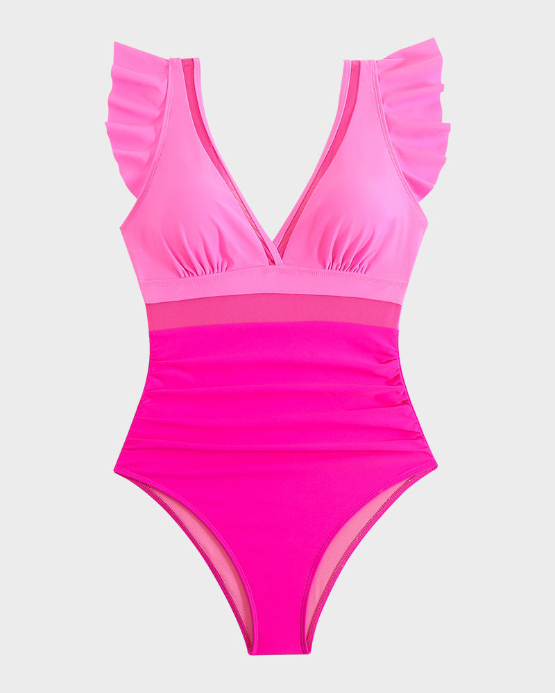 Traje de baño con panel de malla, mangas con volantes y escote en V profundo
