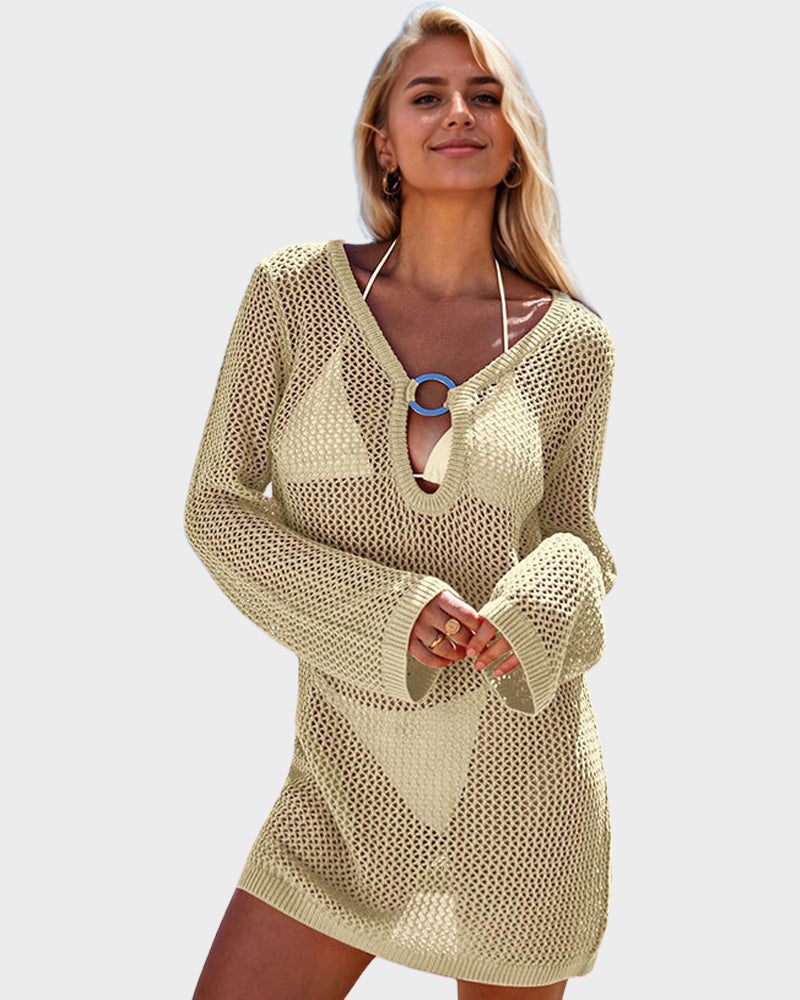 Long-sleeved crochet beach cover-up dress with deep neckline