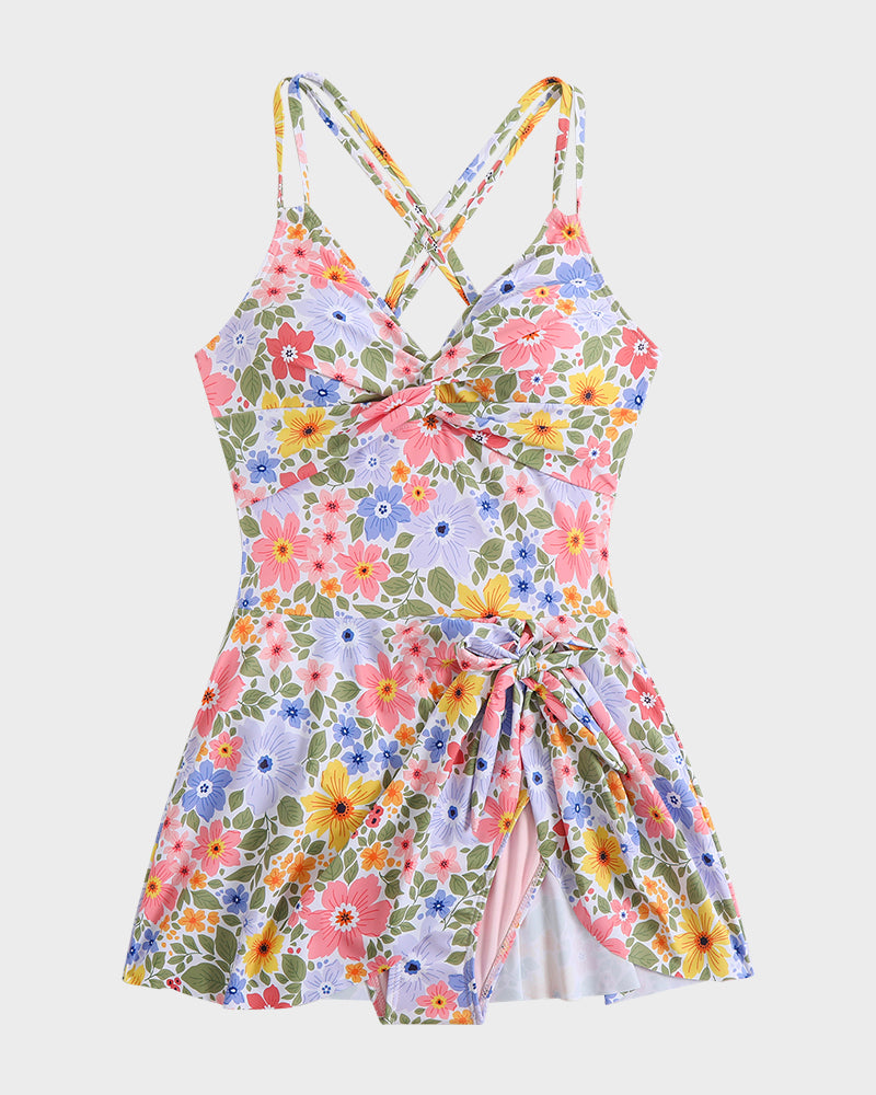 One-piece swimsuit with knot and ruching