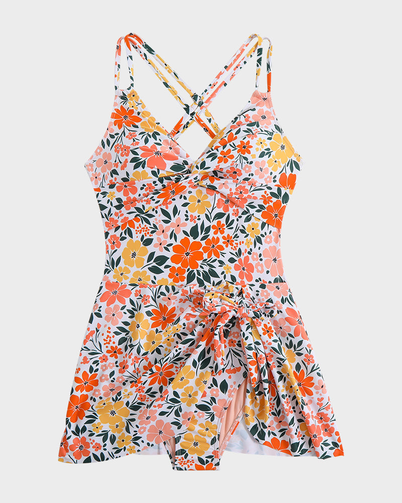 One-piece swimsuit with knot and ruching