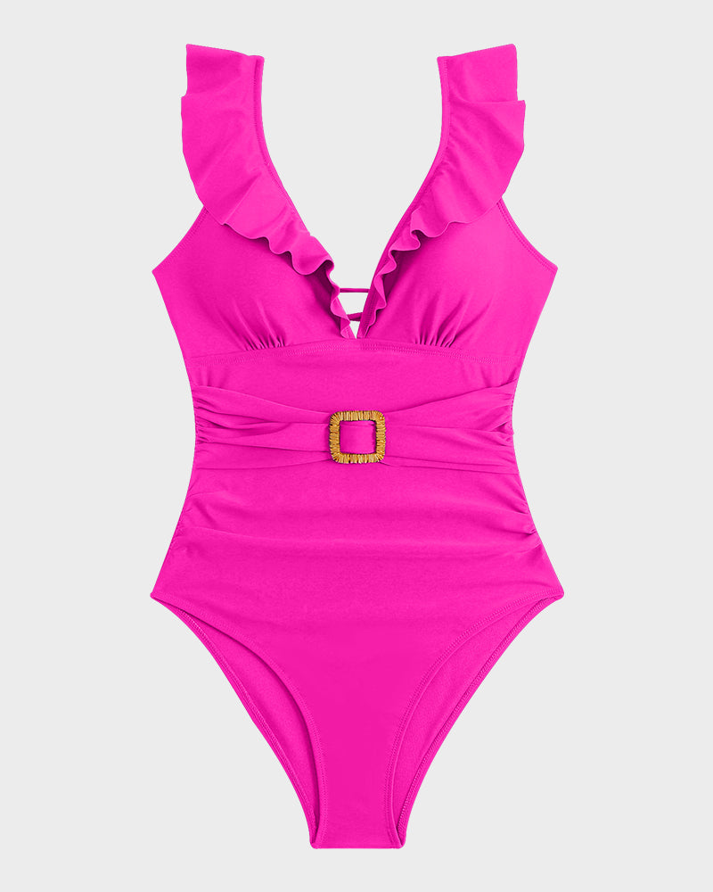 Traje de baño con volantes en las mangas, detalle de cinturón y fruncido en forma de V profunda