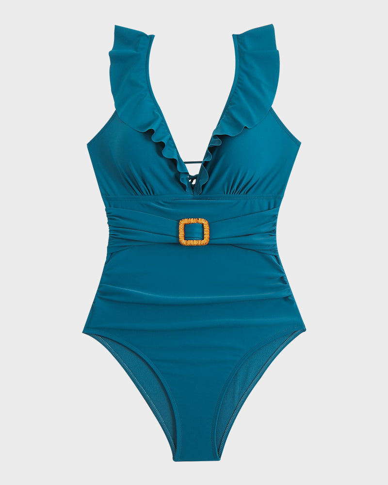 Traje de baño con volantes en las mangas, detalle de cinturón y fruncido en forma de V profunda