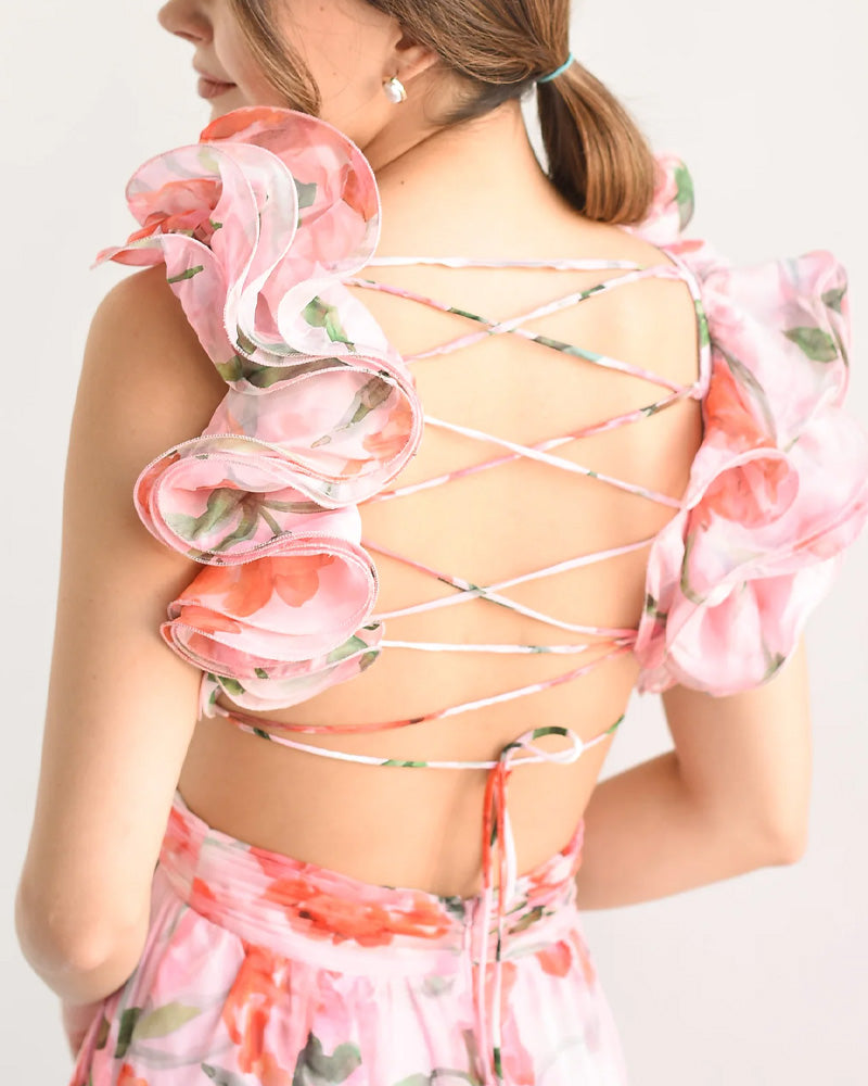 Holiday beach dress with ruffled straps at the back and V-neckline