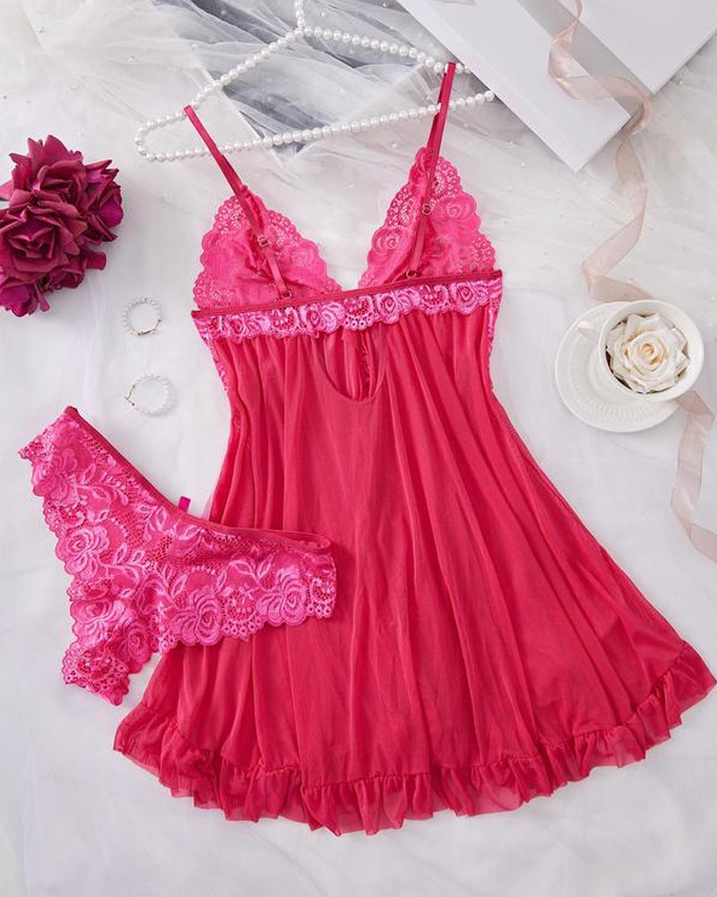 Conjunto de camisón y bragas de tirantes con volantes sexy de encaje para mujer