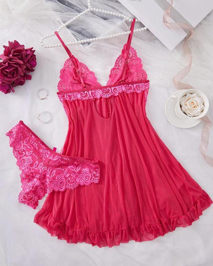 Conjunto de camisón y bragas de tirantes con volantes sexy de encaje para mujer