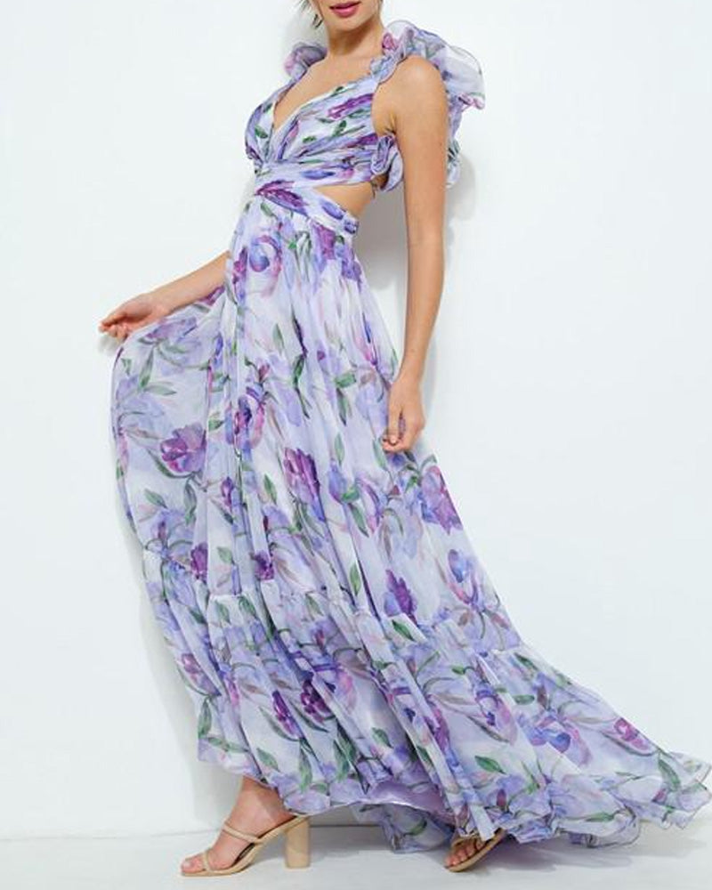 Holiday beach dress with ruffled straps at the back and V-neckline