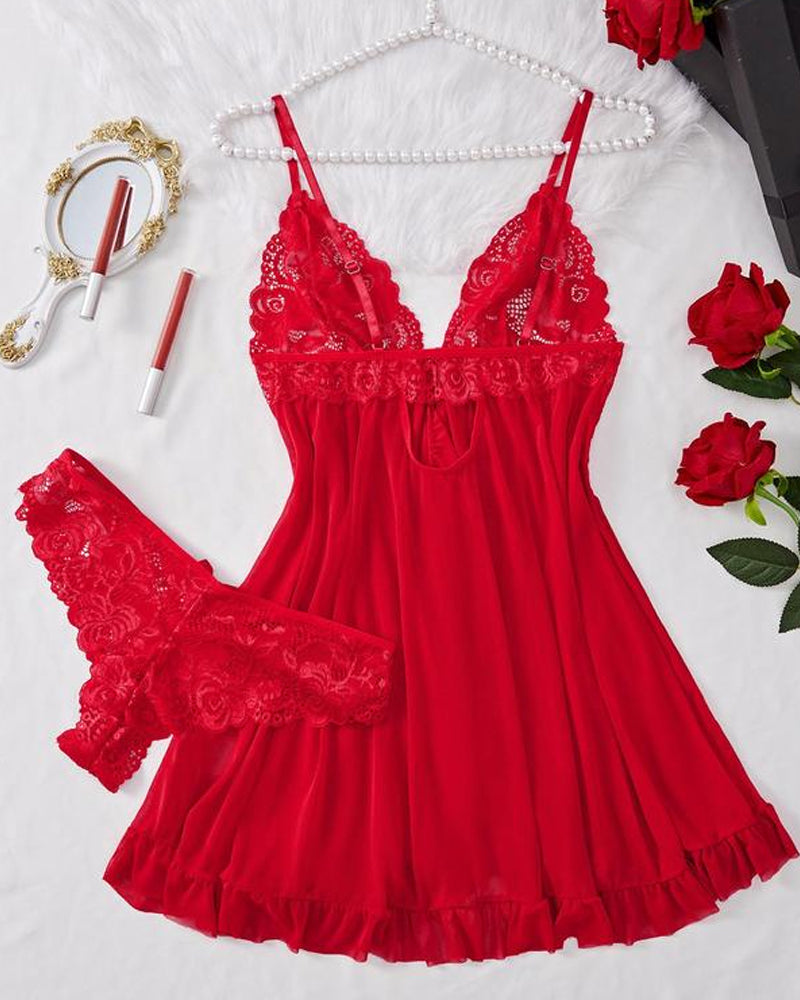 Women's Sexy Lace Ruffled Strap Nightgown and Panty Set