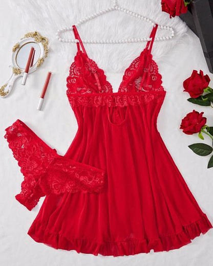 Conjunto de camisón y bragas de tirantes con volantes sexy de encaje para mujer