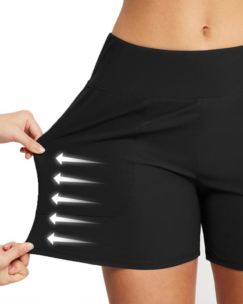 Shorts deportivos de playa para mujer con control de abdomen y cintura alta con bolsillo