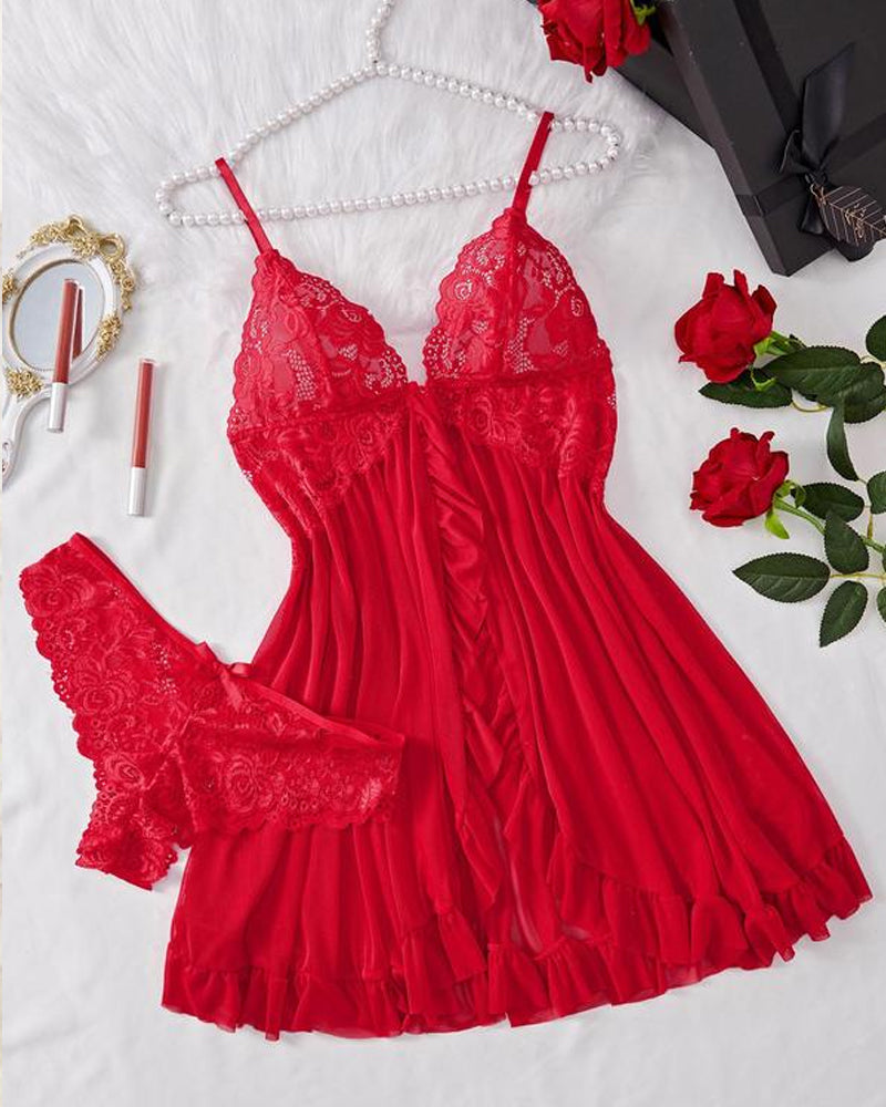 Conjunto de camisón y bragas de tirantes con volantes sexy de encaje para mujer