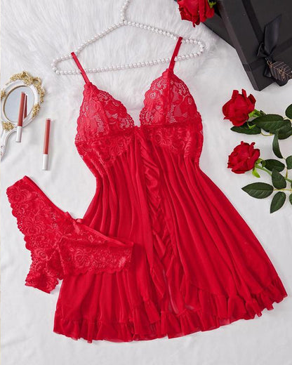 Conjunto de camisón y bragas de tirantes con volantes sexy de encaje para mujer