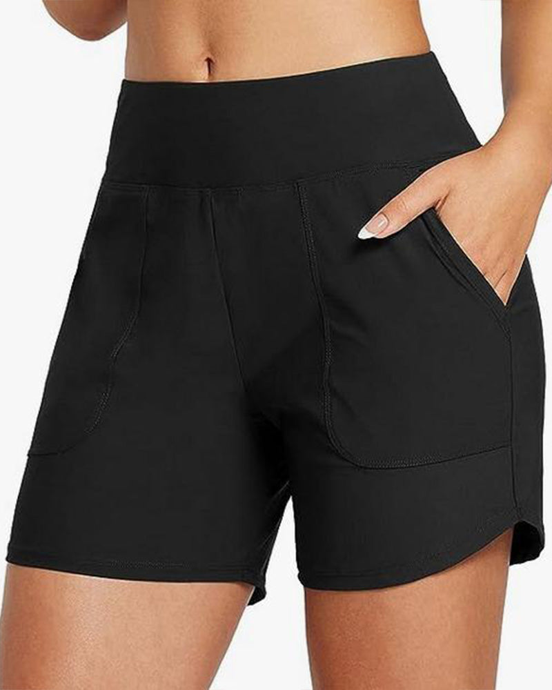 Shorts deportivos de playa para mujer con control de abdomen y cintura alta con bolsillo