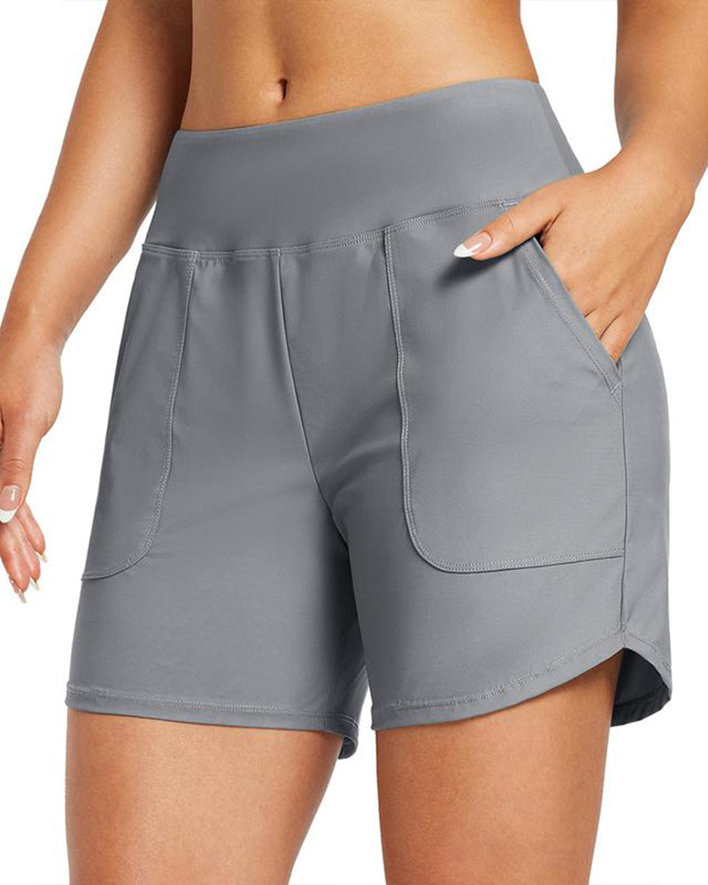 Shorts deportivos de playa para mujer con control de abdomen y cintura alta con bolsillo