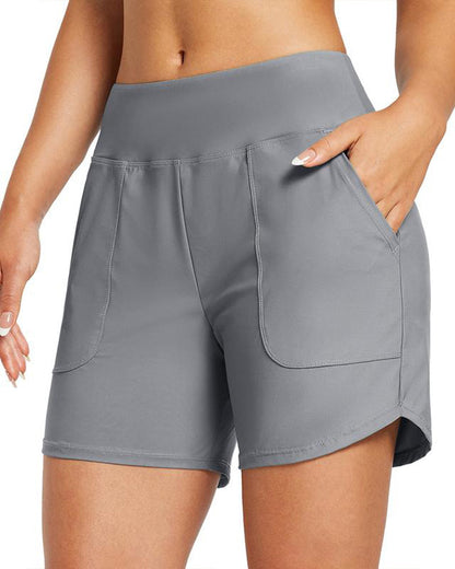 Shorts deportivos de playa para mujer con control de abdomen y cintura alta con bolsillo