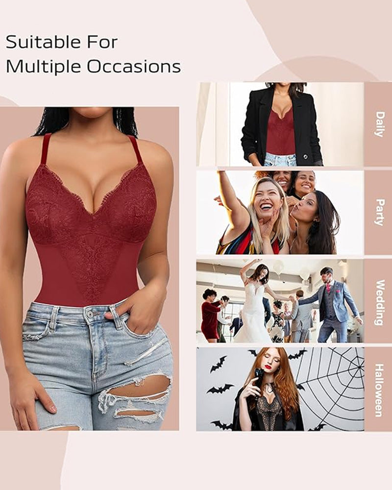 Women's V-Neck Lace Tummy Control Bodysuit