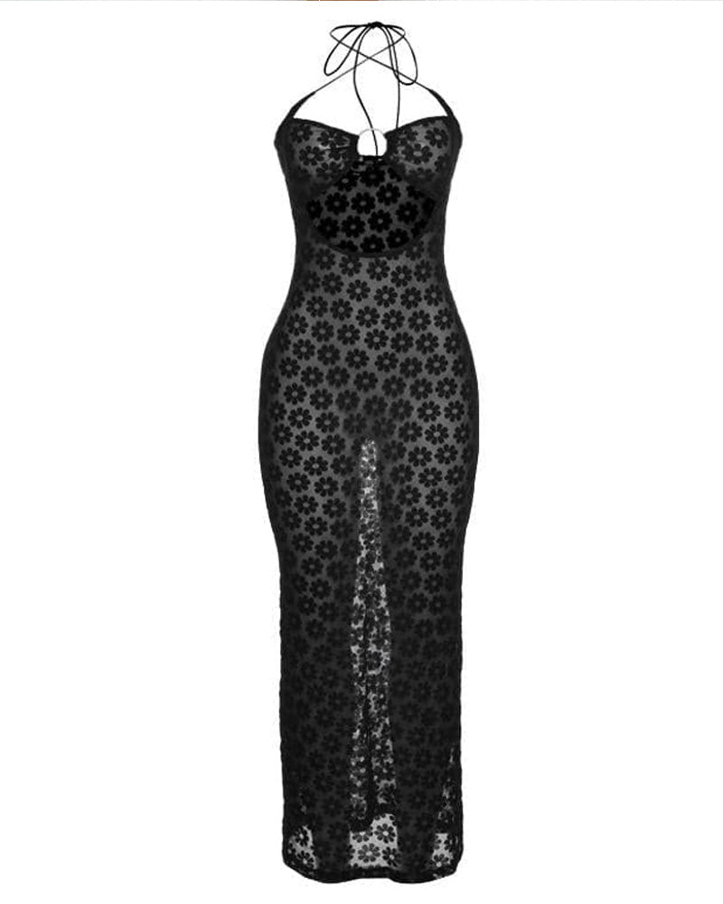 Vestido Largo Hueco de Flores Elegante y Sexy de Malla para Mujeres