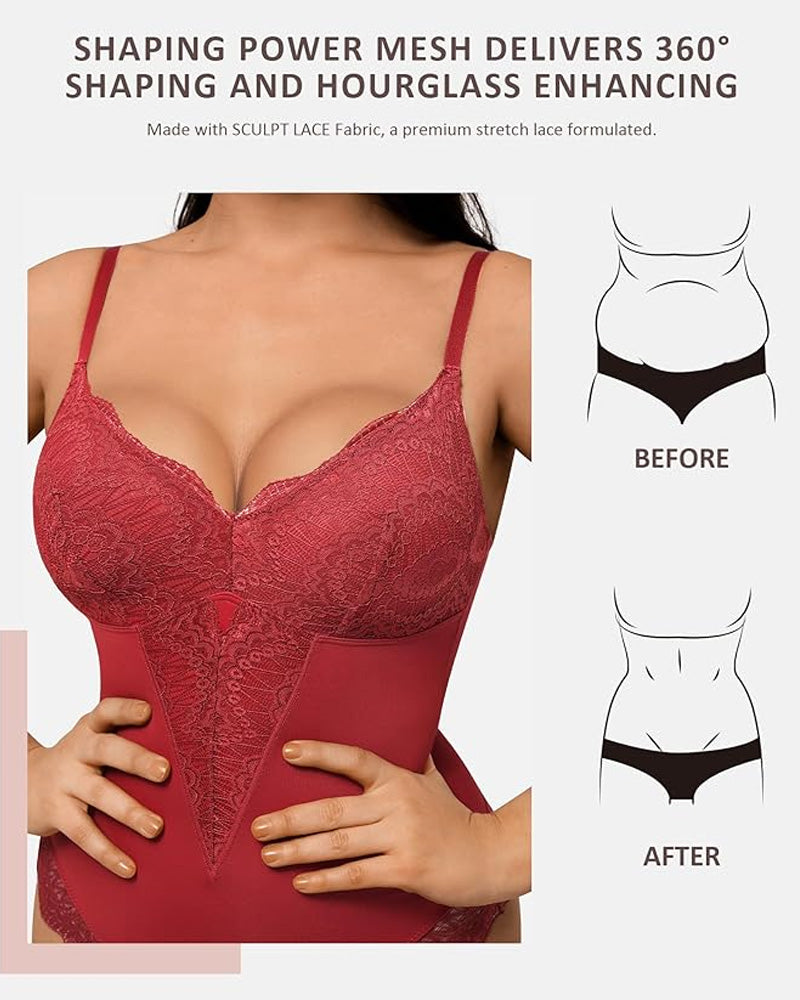 Women's V-Neck Lace Tummy Control Bodysuit