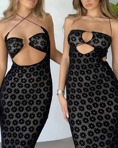Vestido Largo Hueco de Flores Elegante y Sexy de Malla para Mujeres