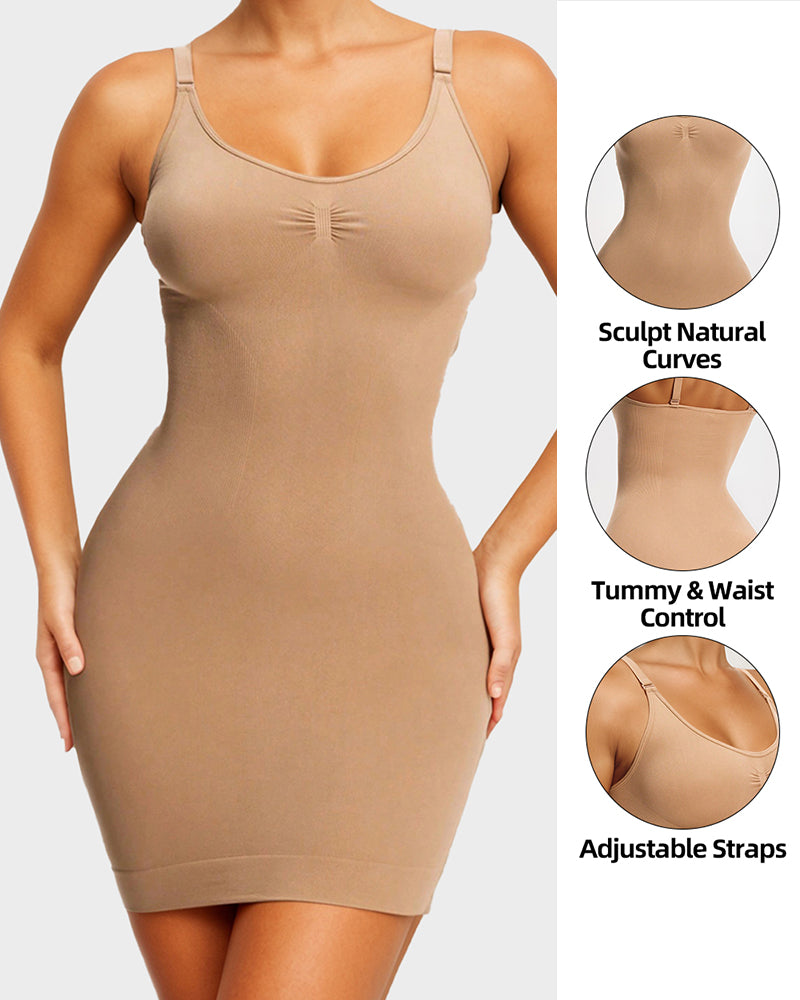 Vestido moldeador sin costuras con control de abdomen de cuello redondo