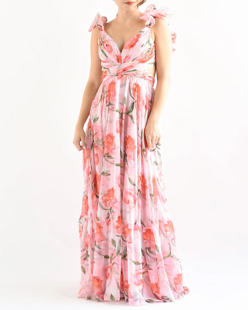 Holiday beach dress with ruffled straps at the back and V-neckline