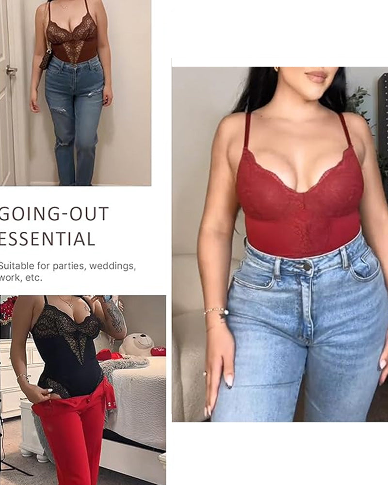 Body de control de abdomen con encaje y escote en V para mujer