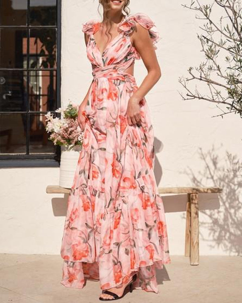 Holiday beach dress with ruffled straps at the back and V-neckline