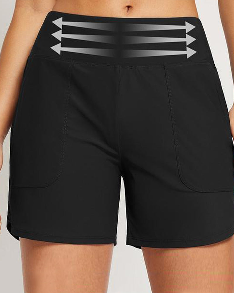 Shorts deportivos de playa para mujer con control de abdomen y cintura alta con bolsillo