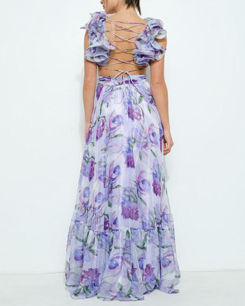 Holiday beach dress with ruffled straps at the back and V-neckline